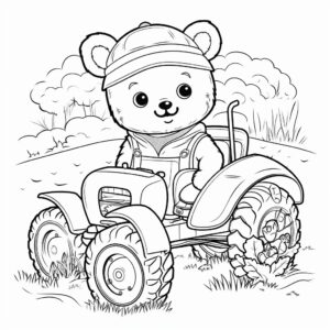 a cute bear is driving a tractor, the harvest is behind him, kawaii coloring page for kids, in the style of hand - coloring, black and white colors with white background, isolated, minimalist