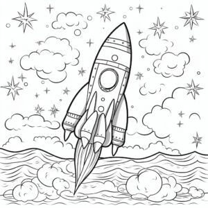 coloring page cartoon style rocket in space low detail no shades thick lines ar 16:9