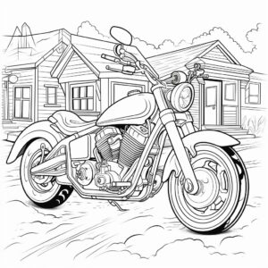 a page for a kids coloring book, ink, a lot of white space, of a motorcycle, with a fun background for kids to color in