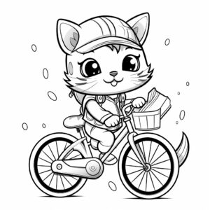 A cute cat rides a bicycle , style coloring book page for children, vector image, low detail, black and white, minimalistic, very simple line