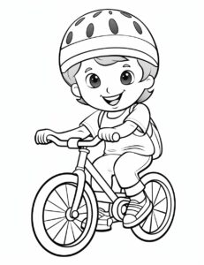 Coloring Book, for Toddlers to 2 Years Old - Draw a happy bicyclist riding a bike. Create a stick figure with legs pedaling on a simple bicycle. Add a big smile to the rider's face as they cycle along. black and white, coloring book, for toddlers to 2 years old --ar 17:22