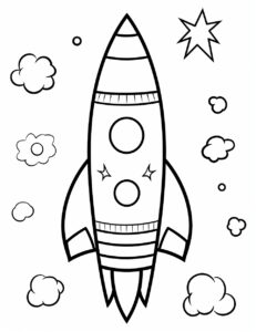 Coloring Book, for Toddlers to 2 Years Old - Let's sketch a colorful rocket ship ready to blast off. Draw a tall, thin rectangle for the body and add a cone shape at the bottom. Decorate the rocket with simple patterns. black and white, coloring book, for toddlers to 2 years old --ar 17:22