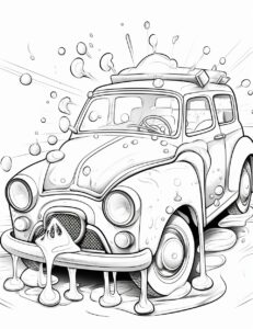 Coloring book, for toddlers to 2 years old: It's a car wash scene! Little artists can color cars getting clean, adding splashes of color to a bubbly and fun page. Black and white, coloring book, for toddlers to 2 years old --ar 17:22