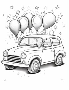 Coloring book, for toddlers to 2 years old: It's a car parade! a joyful parade, celebrating with confetti and cheerful smiles. Black and white, coloring book, for toddlers to 2 years old --ar 17:22