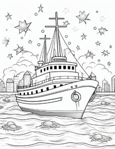 Coloring book, for toddlers to 2 years old: It's time for a boat parade! Little ones can color boats of all shapes and sizes, creating a colorful procession on the water. Black and white, coloring book, for toddlers to 2 years old --ar 17:22