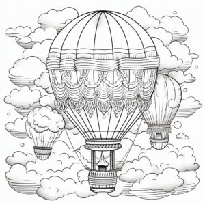 design a coloring page showing an outline of a hot air balloon in the sky, surrounded by clouds and a few birds flying nearby. Please make the balloon's basket, envelope, and burner easily distinguishable for coloring with detailed black and white lines