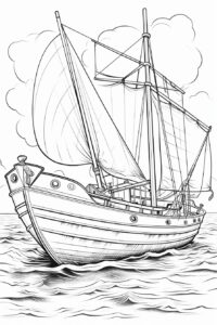 Black and white coloring book pages create a shimp boat cartoon style thick lines low details. --ar 2:3