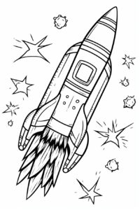 Rocket - Flying to space. kids coloring pages black white drawing with coloring pages image, in the style of 32k uhd, unique character design, cartoon animation, high resolution, soft-edged, white background --no colors --ar 2:3