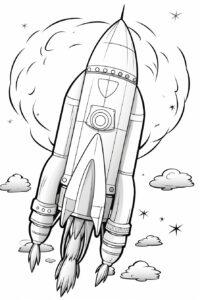 Rocket - Flying to space. kids coloring pages black white drawing with coloring pages image, in the style of 32k uhd, unique character design, cartoon animation, high resolution, soft-edged, white background --no colors --ar 2:3