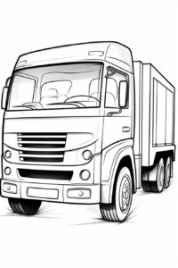 cute garbage truck in cartoon style, 2D outline, minimal details, no shading, no shadow, delicate monochrome children book illustration for ages 4-8, simple vector line art, thick lines, artistic, minimalistic illustration, digital drawing black and white coloring book page, white background --ar 34:45