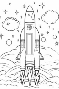 coloring page for kids, illustration, rocket and meteoroids, very simple, thick lines, low detail, black and white, white background, outline only --no shading --ar 2:3