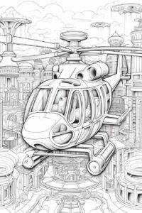 coloring pages for kids, coomercial helecopter, cartoon style, thick lines, low detail, black and white, no shading. --ar 2:3