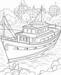 coloring page for children, boat on a river, cartoon style, thick lines, ages 4-7, low detail, no shading --ar 9:11