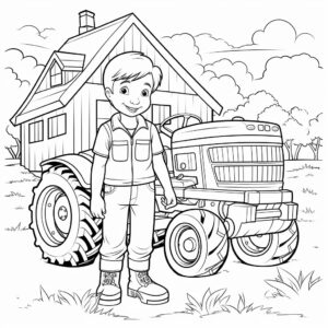 farmer boy standing in front of barn and riding a tractor coloring pages clean lines no shading and color