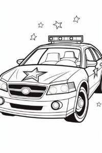 coloring page for kids, Cartoon Style, Police Car with Flashing Lights: Add vibrant colors to the police car and make its flashing lights stand out, full-body, line art , minimalist, low details, thick outline, black outline and white fill , on white background --no grey, shadow, shading, color --ar 2:3 --style raw