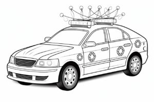 coloring page for kids, Cartoon Style, Police Car with Flashing Lights: Add vibrant colors to the police car and make its flashing lights stand out, full-body, line art , minimalist, low details, thick outline, black outline and white fill , on white background --no grey, shadow, shading, color --ar 3:2 --style raw