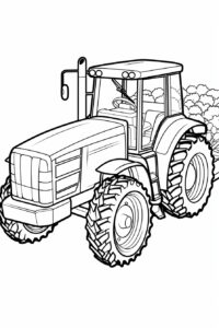 coloring page for kids, Cartoon Style, Tractor Trailer Hauling Farm Goods: Color the tractor trailer as it hauls fresh produce and goods from the farm, full-body, line art , minimalist, low details, thick outline, black outline and white fill , on white background --no grey, shadow, shading, color --ar 2:3 --style raw