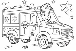 coloring page for kids, Cartoon Styles, Decorate the ambulance with bright colors and don't forget the first aid cross!, full-body, line art , minimalist, low details, thick outline, black outline and white fill , on white background --no grey, shadow, shading, color --ar 3:2 --style raw