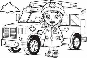 coloring page for kids, Cartoon Styles, Decorate the ambulance with bright colors and don't forget the first aid cross!, full-body, line art , minimalist, low details, thick outline, black outline and white fill , on white background --no grey, shadow, shading, color --ar 3:2 --style raw