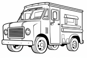 coloring page for kids, Cartoon Styles, Mail Delivery Truck with Mailboxes: Add color to the mail delivery truck as it stops by mailboxes to drop off letters, full-body, line art , minimalist, low details, thick outline, black outline and white fill , on white background --no grey, shadow, shading, color --ar 3:2 --style raw