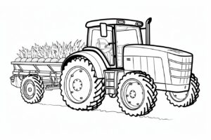 coloring page for kids, Cartoon Styles, Tractor Trailer Hauling Farm Goods: Color the tractor trailer as it hauls fresh produce and goods from the farm, full-body, line art , minimalist, low details, thick outline, black outline and white fill , on white background --no grey, shadow, shading, color --ar 3:2 --style raw