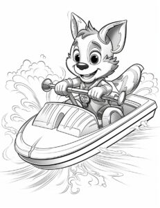 coloring pages for kids, A squirrel waterskiing behind a toy boat , cartoon style, thick lines, low detail, no shadows --ar 17:22