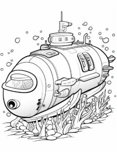 coloring pages for kids, Submarine diving under water , cartoon style, thick lines, low detail, no shadows --ar 17:22