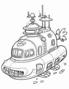 coloring pages for kids, Submarines used for exploration and military usage , cartoon style, thick lines, low detail, no shadows --ar 17:22