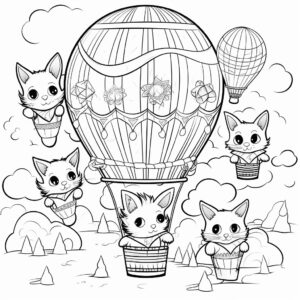 coloring pages of thick lines style of coloring book, vector lines, black and white, image of Whimsical kittens soaring in vibrant hot air balloons.