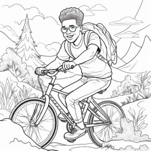 coloring page outline doodle art of a handsome black boy riding on a bicycle, v5