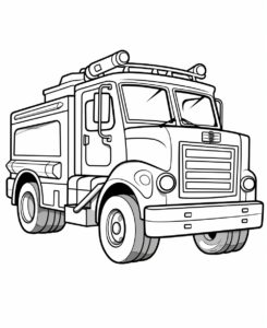 drawing a left side view firetruck, kawaii style, no perspective, coloring book page for children, black and white, thick lines, outline art, ink outlines, simple line style, simple illustration, clear, no noise, centered image, isolated on a white background --ar 9:11