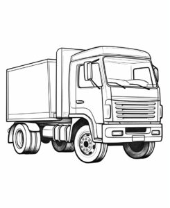 drawing a left side view truck, kawaii style, funny eyes, no perspective, coloring book page for children, black and white, thick lines, outline art, ink outlines, simple line style, simple illustration, clear, no noise, centered image, isolated on a white background --ar 9:11