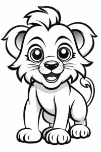 cute lion cartoon coloring page for kids,happy --no background, --ar 2:3