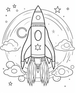 coloring pages for kids, rocket ship on the moon, carton style, low detail, no shading, thick lines, --ar 9:11