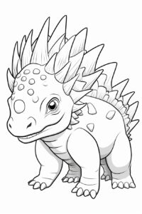 Create baby Stegosaurus coloring pages for kids, black and white cartoon style with petras lines, no shading in design, no gray color, for kids --ar 2:3