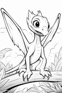 Create baby pterosaurs coloring pages for kids in black and white with petras lines, no shading in the drawing, no gray color for kids --ar 2:3