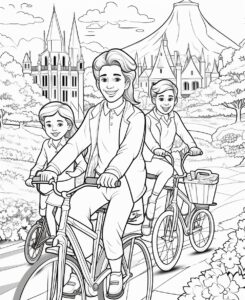 Colouring pages for kids 3-6, Families going on a scenic bike ride through colorful foliage, Cartoon style, thick lines, Black and white, no details, no shading. --ar 9:11