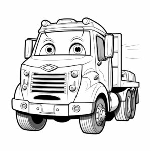 coloring page for kids, cartoon lorry with face, no shading, black and white, thick lines