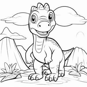 kids coloring page, super simple, dinosaurs, low detail, black and white, thick lines, no shading, , cartoon style