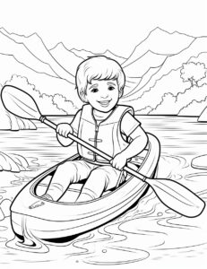 coloring pages for kids, happy kid doing kayak on a river, cartoon style, thick lines, low detail, black and white, no shading, --ar 85:110