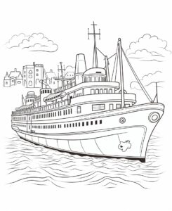 Children's coloring book style, depicting a Ferry with black lines on a white background. --ar 9:11