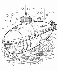 Children's coloring book style, depicting a Submarine with black lines on a white background. --ar 9:11