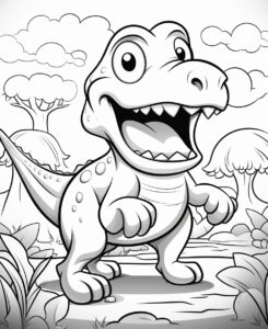 cute Tyrannosaurus Rex in a beautiful prehistoric landscape , simple shapes and outlines, black and white for coloring, coloring pages for toddler, cartoon style, thick lines --ar 9:11