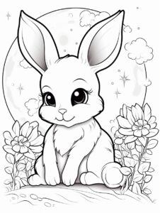 Rabbit on the moon coloring, Mid-Autumn Festival cute, for 6 to 12 years old, low resolution images, low lines, Make coloring book, I don't want the text on the picture --ar 9:12