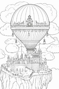 colouring book for adults full view image of a magical beings on a baloon, fantasy world, only lines no filler, clean and simple line art, black outline only, doodle style, kids colouring book style, thin lines, no colour, no fill, no shadows, no shades --no shades shadows --ar 6:9