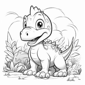 dinosaur illustration for kids coloring book, black and white, no shading, vector line