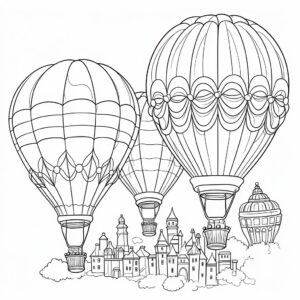 three hot-air-balloons flying, doodle disney style, coloring page for kids, black and white, nothing on background ar 8:13