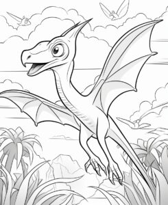 coloring pages for kids, pterodactyl, cartoon style, thick lines, low detail, black and white, no shading --ar 9:11 --stylize 50