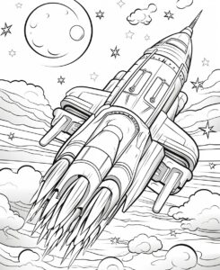 coloring page, fantasy sci-fi shooting stars, cartoon, thin lines, low detail, no shading --ar 9:11