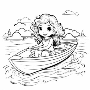 Toddler girl line art drawing coloring book page style she has long hair her age is 4 years old she is in a boat because she loves boating and this is for a tshirt --style raw --stylize 50